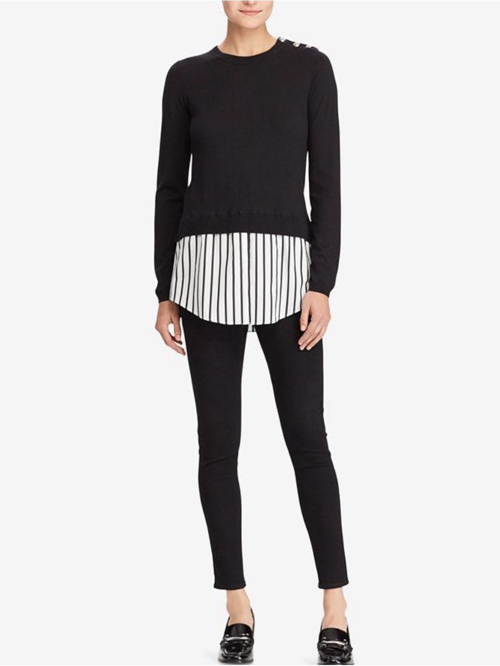 Peace of Cloth Black Layered Crewneck Sweater with Striped Hem